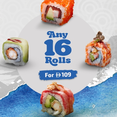 ANY 16PCS OF ROLLS AT AED 109 With our new AED 109 offer, you get to choose ANY 4 sushi rolls (4 pcs each) from the menu — that’s 16 pieces total